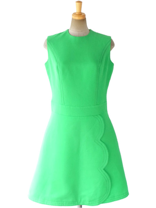 【送料無料】ロンドン買い付け 60年代製 グリーン X ビッグステッチ 波型デザインスカート レトロ ワンピース 16OM756【ヨーロッパ古着】