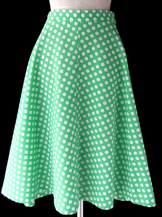 【ヨーロッパ古着】ロンドン買い付け 70年代製 グリーン X ホワイト 水玉 レトロ スカート 17BS031【おとなかわいい】