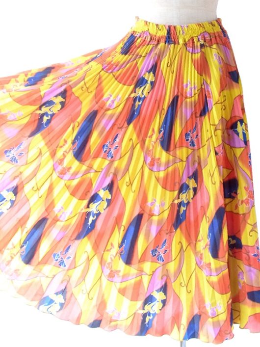 【ヨーロッパ古着】ロンドン買い付け 70年代製 イエロー X カラフルなレトロプリント アンブレラプリーツ スカート 17BS032【おとなかわいい】