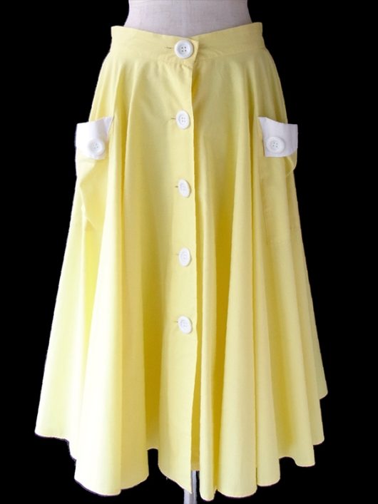 【ヨーロッパ古着】ロンドン買い付け 70年代製 レモン色 X ホワイト 前開き かわいいボタン レトロ スカート 17BS039【おとなかわいい】
