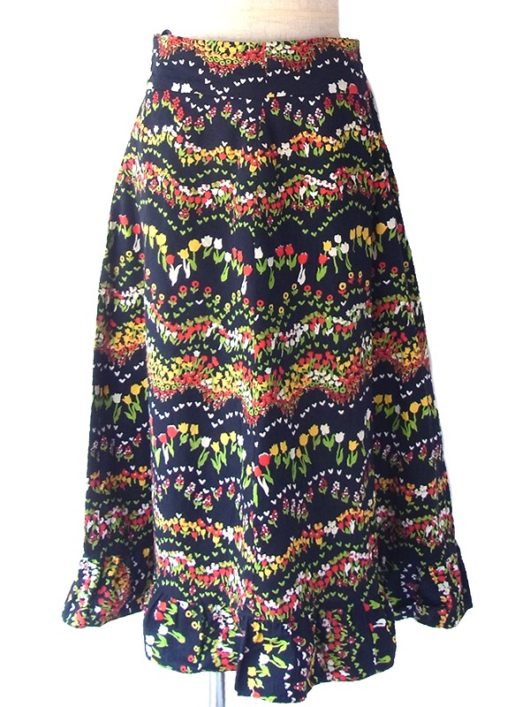 【ヨーロッパ古着】ロンドン買い付け 60年代製 ブラック X カラフルなチューリップ柄 スカート 17OM226【おとなかわいい】