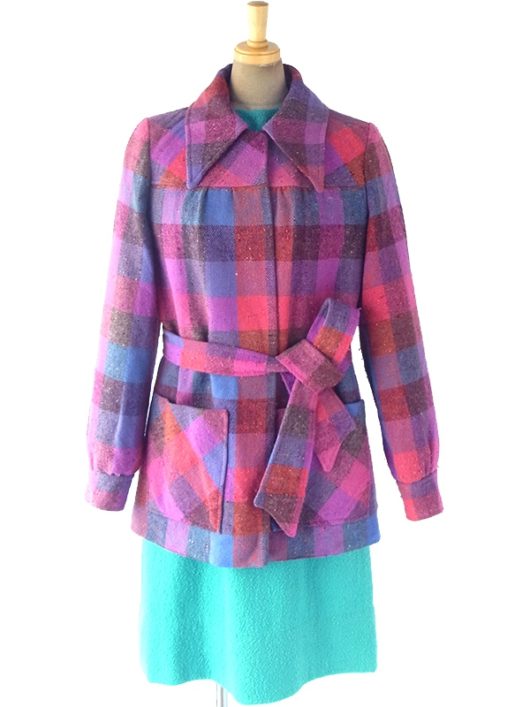 【送料無料】60年代アイルランド製 ピンク・ブルー X ブロックチェック ウール ジャケット コート 17BS225【ヨーロッパ古着】