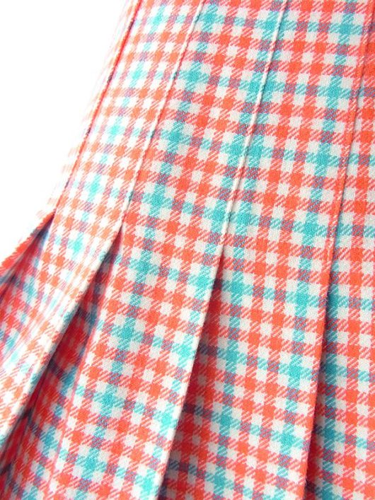 【ヨーロッパ古着】フランス買い付け 60年代製 レッド X 水色 チェック柄 ウール プリーツ スカート 18FC005【おとなかわいい】