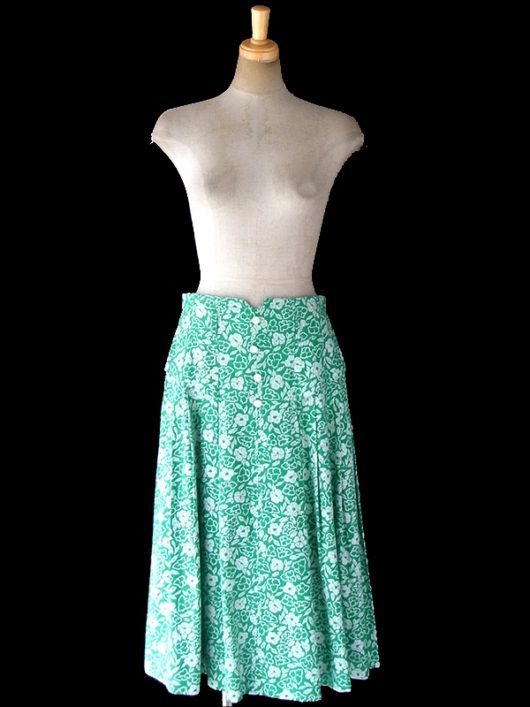 【ヨーロッパ古着】フランス買い付け 60年代製 グリーン X ホワイト 花柄 プリーツ スカート 18FC317【おとなかわいい】