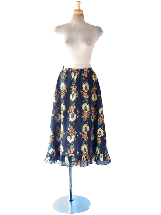 【ヨーロッパ古着】ロンドン買い付け 60年代製 ブラック X カラフル花柄 ギャザー裾 フレア スカート 18BS232【おとなかわいい】