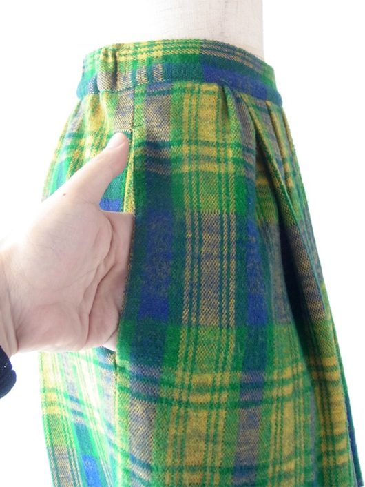 【ヨーロッパ古着】フランス買い付け 60年代製 グリーン X イエロー・ブルー チェック柄 左サイドボタン ポケット付き スカート 19FC423【おとなかわいい】