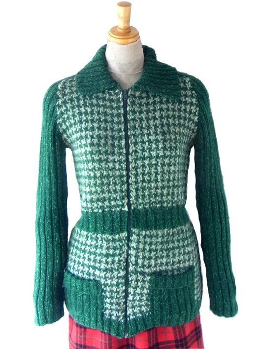 【送料無料】 ロンドン買い付け 60年代製 グリーン X フロントジップ ポケット付き ウールニット セーター 23BS013【ヨーロッパ古着】